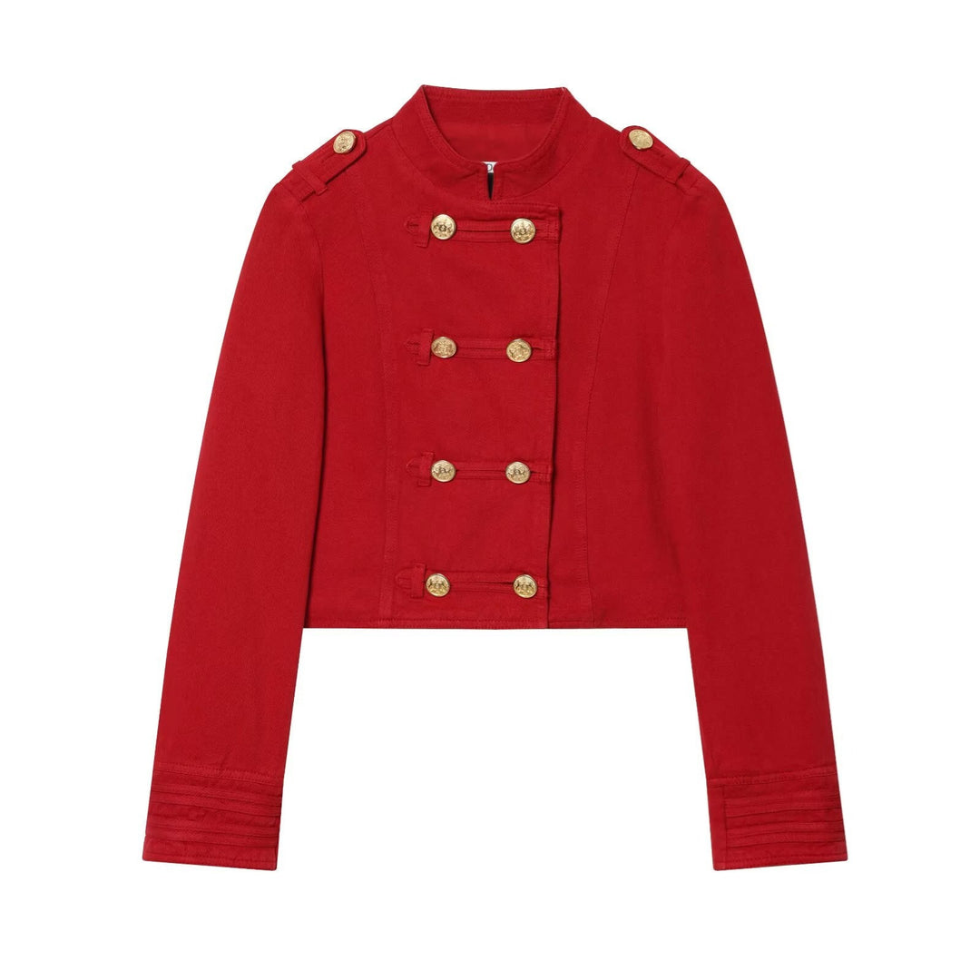 Dam kort Military-Inspired jacka med Stand krage och dekorativ knappar