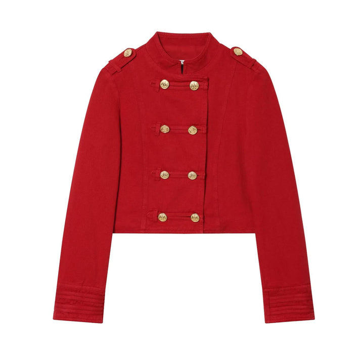 Dam kort Military-Inspired jacka med Stand krage och dekorativ knappar