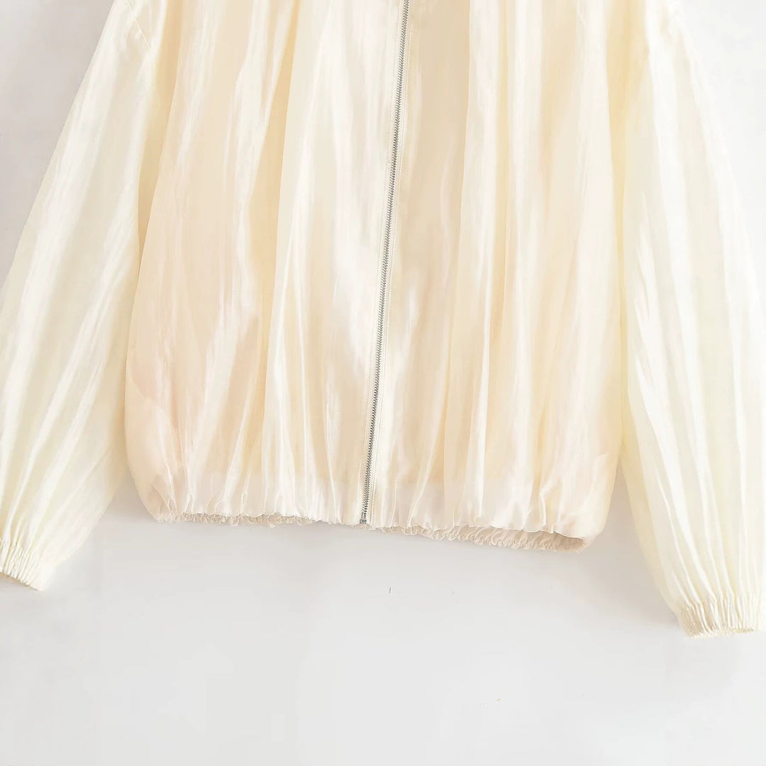 Dam Lätt Kort Blouson i Satin Look med Standing Krage och Elastic Nederkant