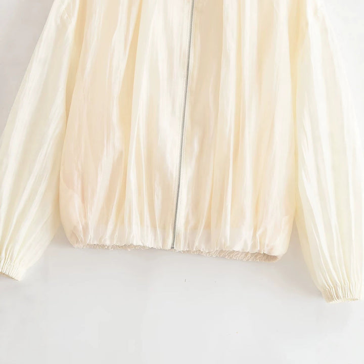 Dam Lätt Kort Blouson i Satin Look med Standing Krage och Elastic Nederkant