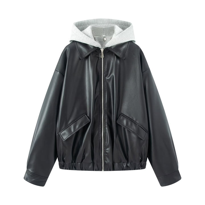 Dam Oversized Konstläder Blouson med Huva Insert och Lockfickor