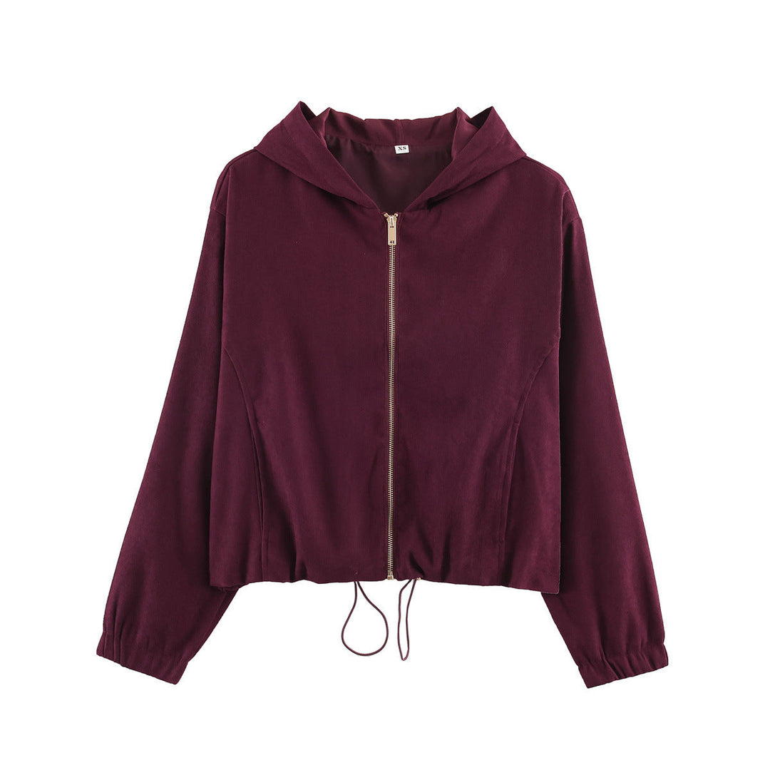 Dam kort jacka in velour look med huva, hellång dragkedja och fåll med dragsko