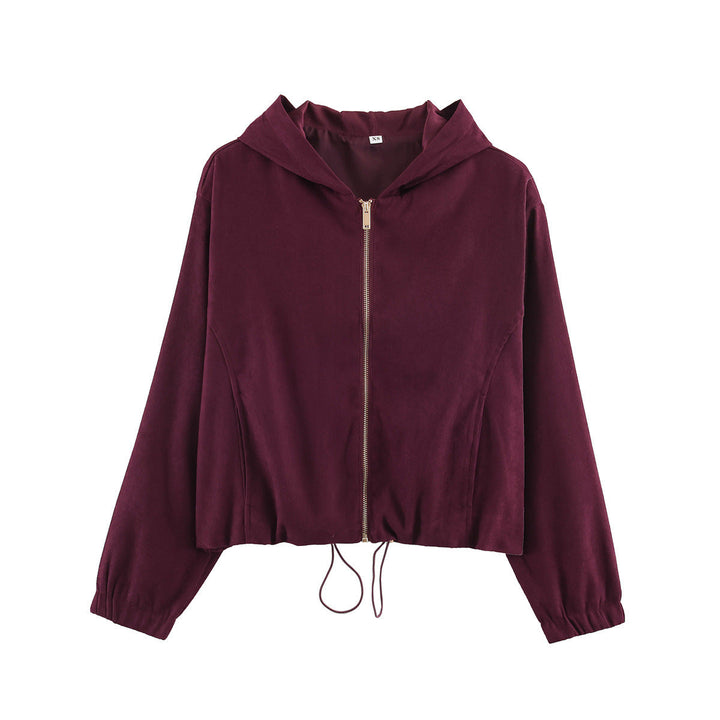 Dam kort jacka in velour look med huva, hellång dragkedja och fåll med dragsko