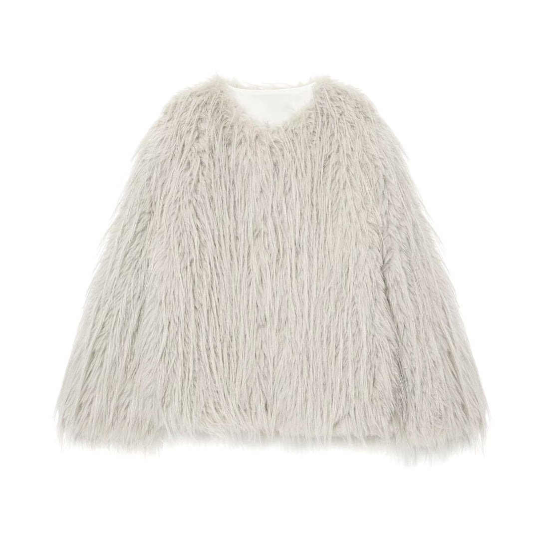 Dam Konstpäls Kappa med Lång Shaggy Fur och Round Neckline
