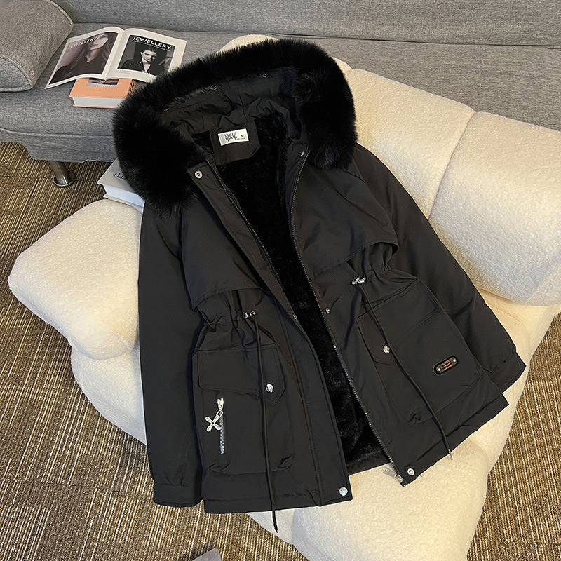 Dam nano vadderad parka med removable faux fur huva, teddyfoder, och justerbar dragsko