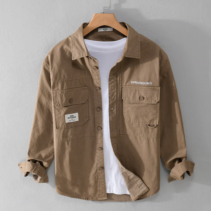 Herr Fält Overshirt i Militär Stil med Utanpå Bröstfickor och Avslappnad Passform