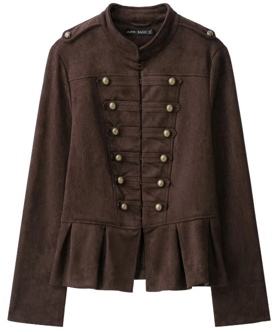 Dam Military Jacka Tillverkad av Suede Imitation med Stå Krage och Flounce