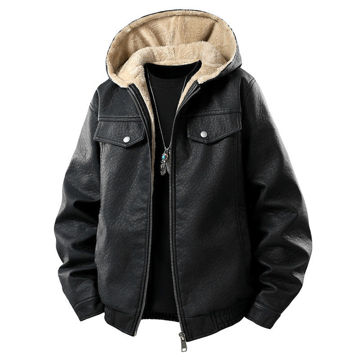 Herr Lederoptik-Blouson med Huva, Teddyfutter och Aufgesetzten Fronttaschen