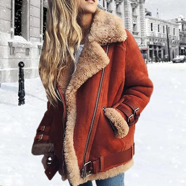 Premium Mocka Sheepskin Jacka med Bälte och Fickor