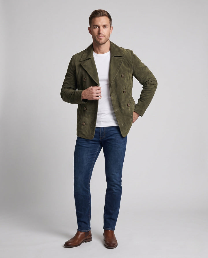 Herr double-breasted mocka jacka med notched lapels