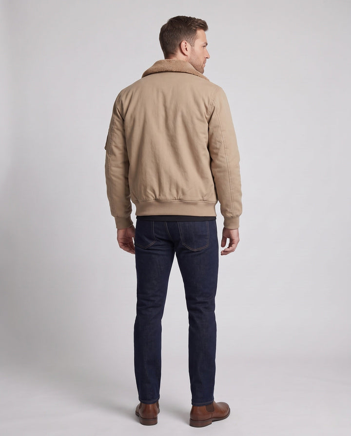 Herr canvas pilot jacka med continuous teddyfoder, funktion ärm ficka, och ribbad fåll