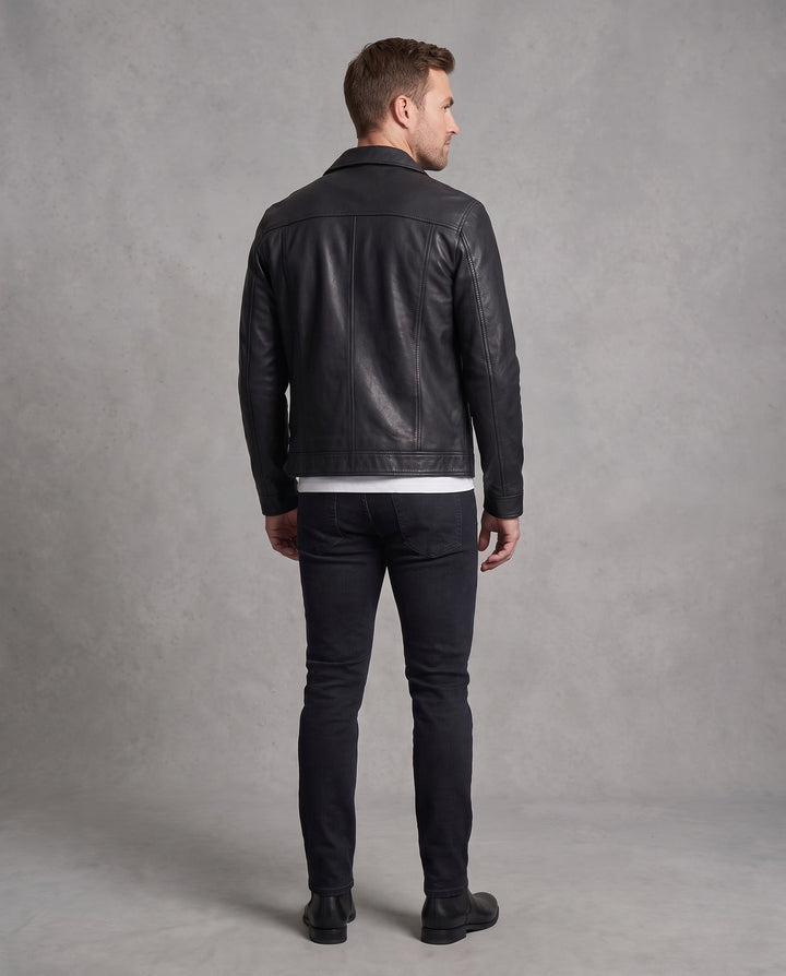 Herr slät artificial läder blouson i trucker stil med värming teddy fleecefoder