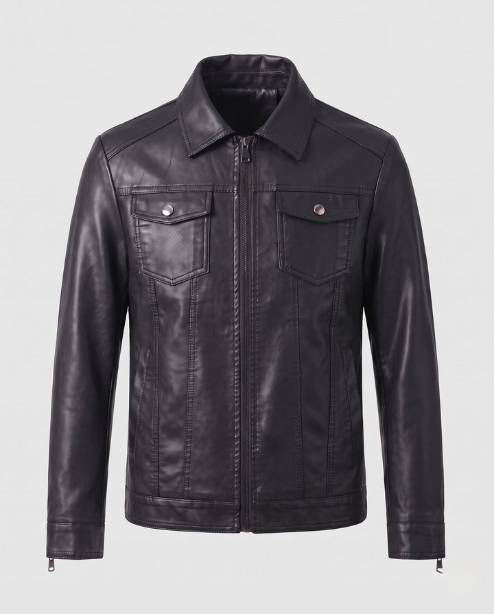 Herr slät artificial läder blouson i trucker stil med värming teddy fleecefoder