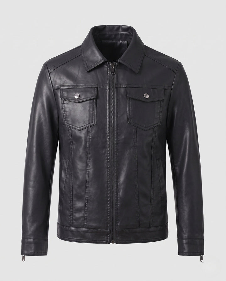 Herr slät artificial läder blouson i trucker stil med värming teddy fleecefoder