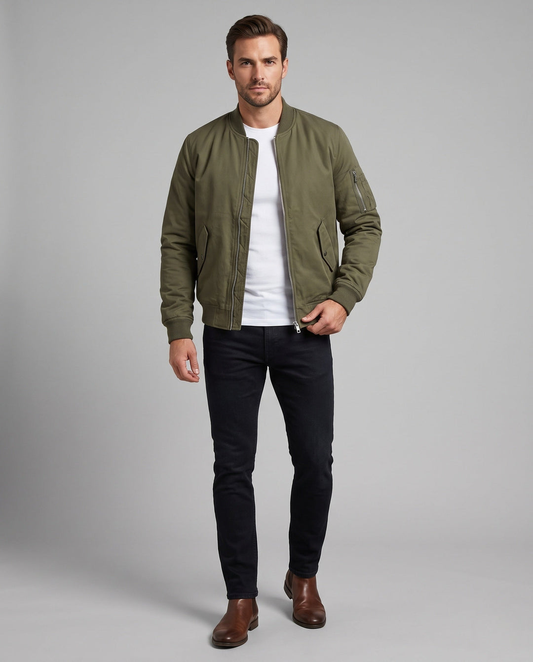 Herr isolerad pilot bomber med termo padding, ärm ficka och ribbade muddar