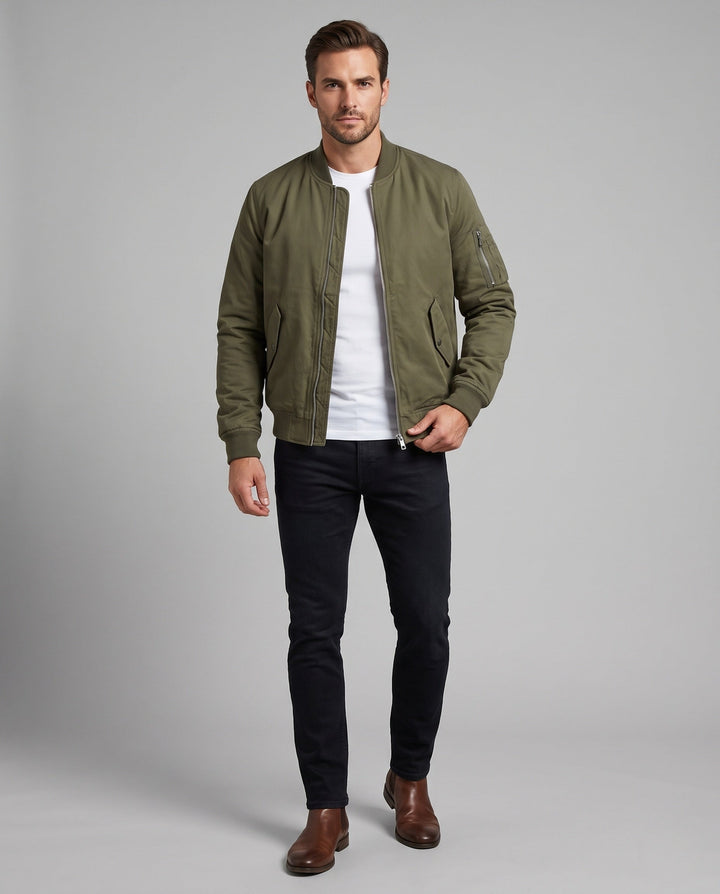 Herr isolerad pilot bomber med termo padding, ärm ficka och ribbade muddar