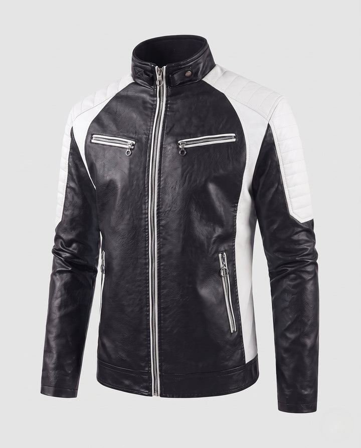 Herr fuskläder motorcycle jacka med värming teddyfoder, kontrast paneler, och ståkrage.