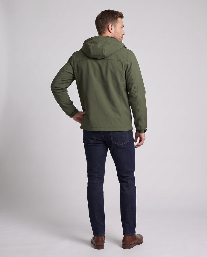 Herr lätt softshell utomhusjacka med justerbar huva, vindtät membran, och fickor med dragkedja