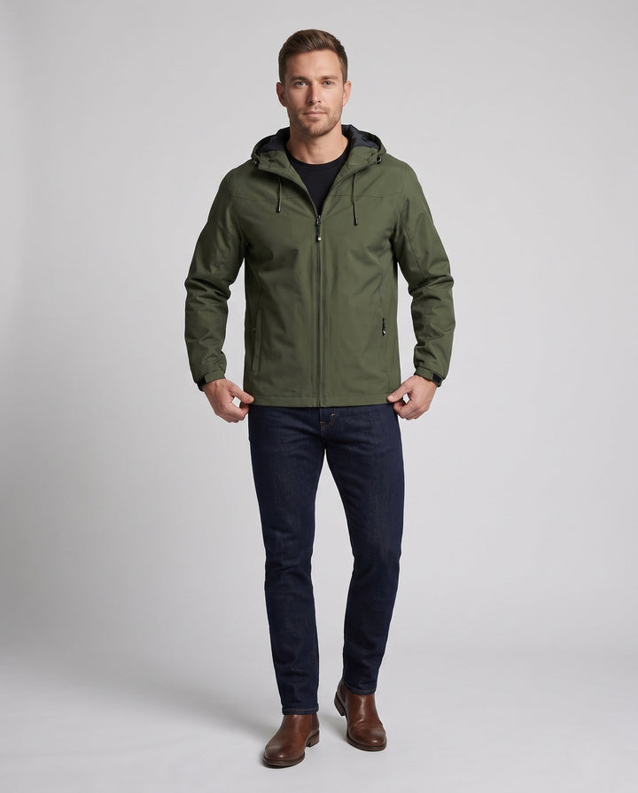 Herr lätt softshell utomhusjacka med justerbar huva, vindtät membran, och fickor med dragkedja