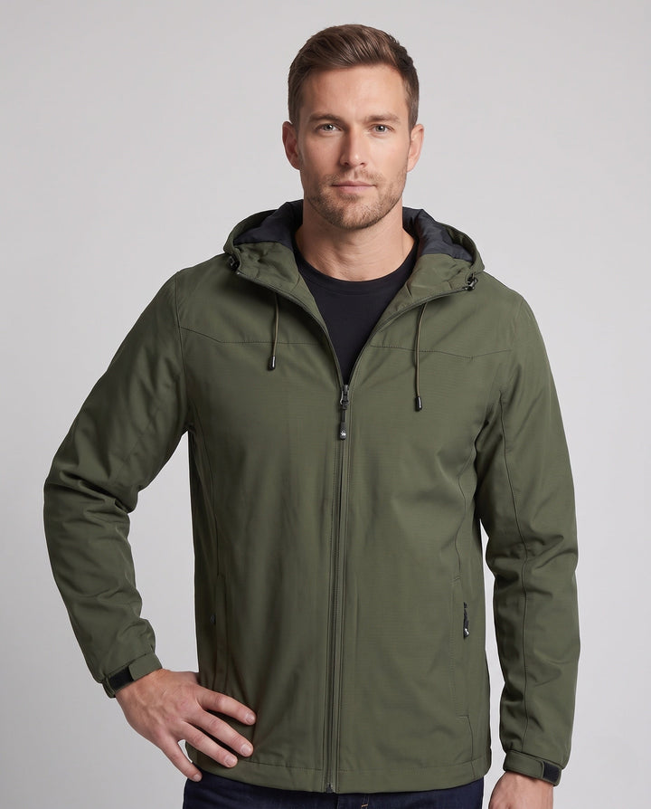 Herr lätt softshell utomhusjacka med justerbar huva, vindtät membran, och fickor med dragkedja