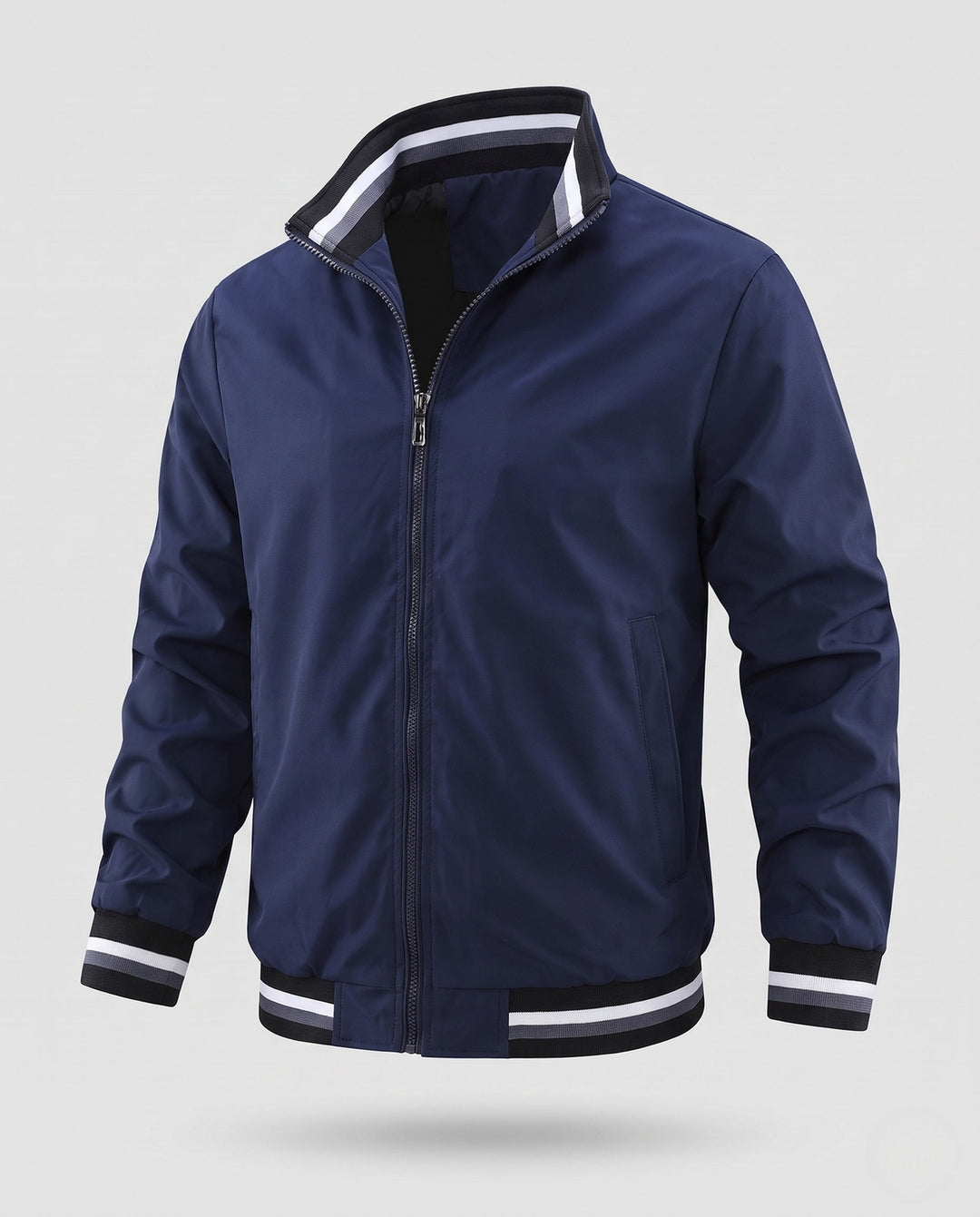 Herr lätt nylon Bomber med värming värmande foder och randig ribbade muddar