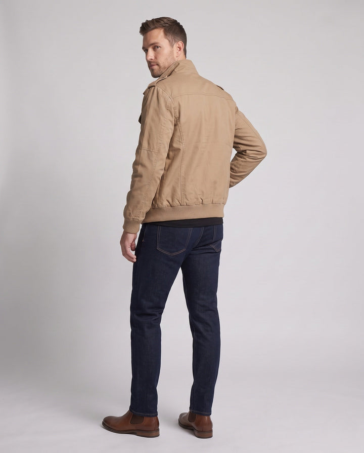 Herr Militär Canvas Field Blouson med Epaulettes, Funktion Fickor och ribbad fåll