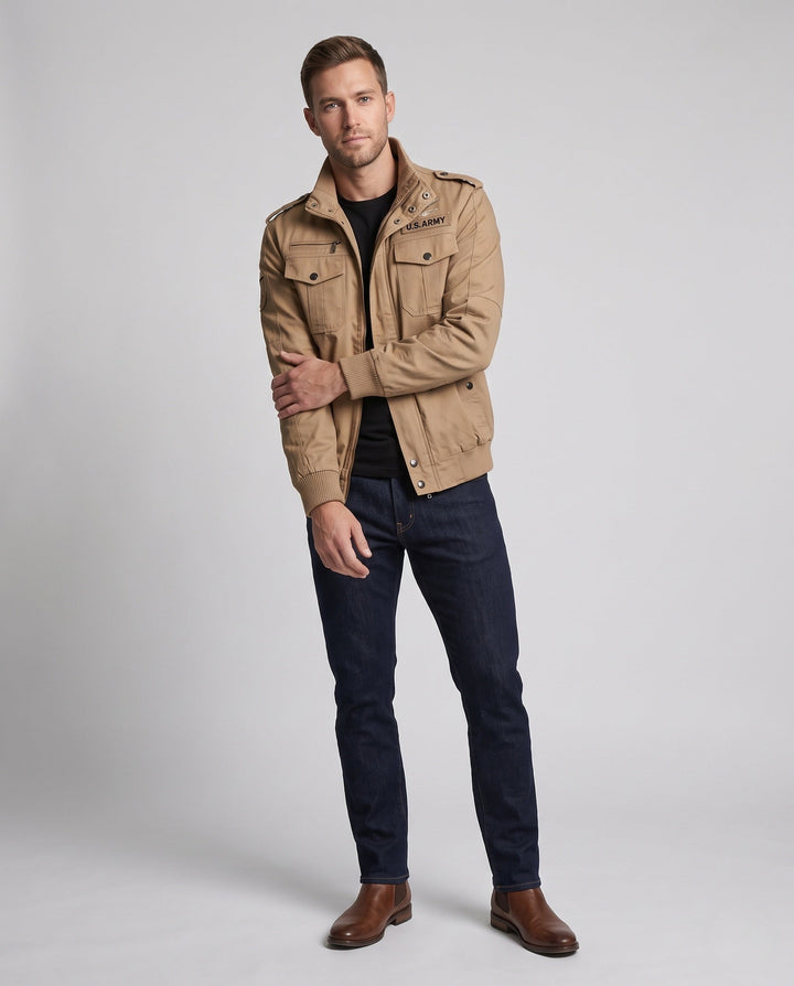 Herr Militär Canvas Field Blouson med Epaulettes, Funktion Fickor och ribbad fåll