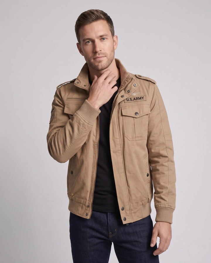 Herr Militär Canvas Field Blouson med Epaulettes, Funktion Fickor och ribbad fåll