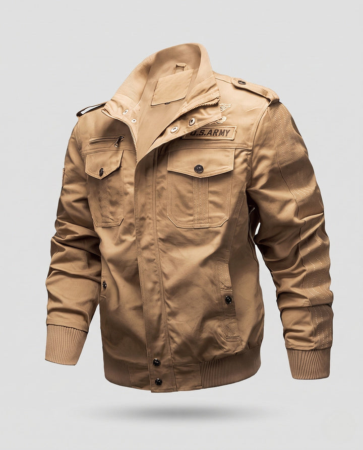 Herr Militär Canvas Field Blouson med Epaulettes, Funktion Fickor och ribbad fåll