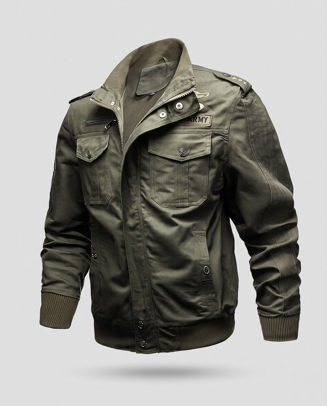 Herr Militär Canvas Field Blouson med Epaulettes, Funktion Fickor och ribbad fåll