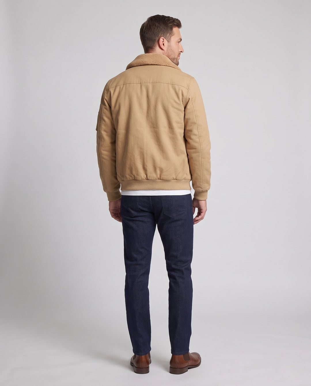 Herr robust canvas bomberjacka med värming Sherpa foder och fold krage