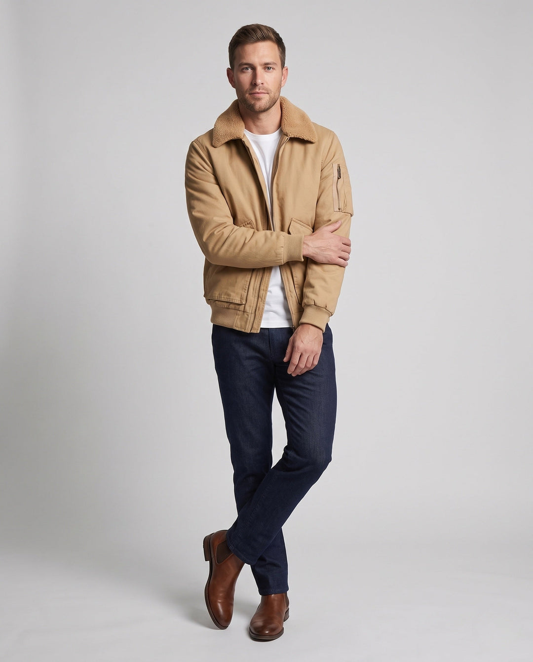 Herr robust canvas bomberjacka med värming Sherpa foder och fold krage