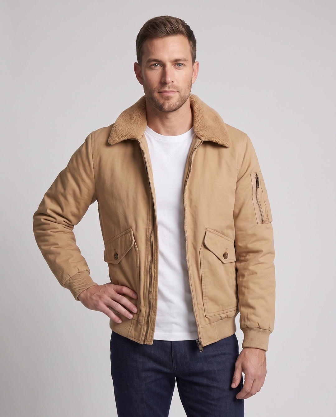 Herr robust canvas bomberjacka med värming Sherpa foder och fold krage