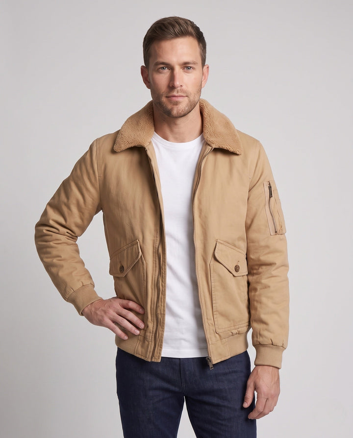 Herr robust canvas bomberjacka med värming Sherpa foder och fold krage
