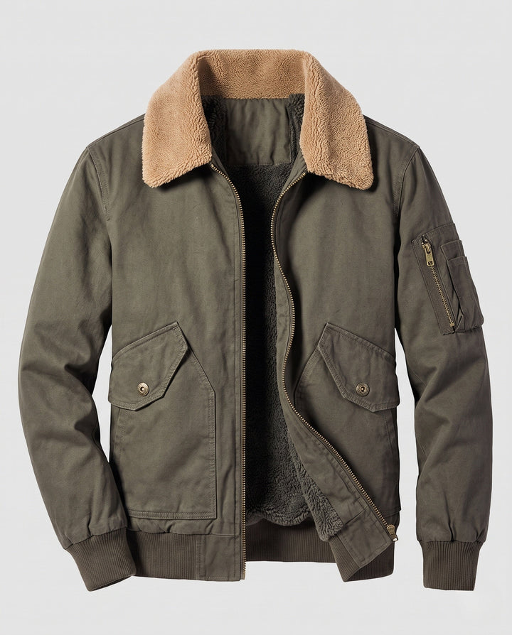 Herr robust canvas bomberjacka med värming Sherpa foder och fold krage