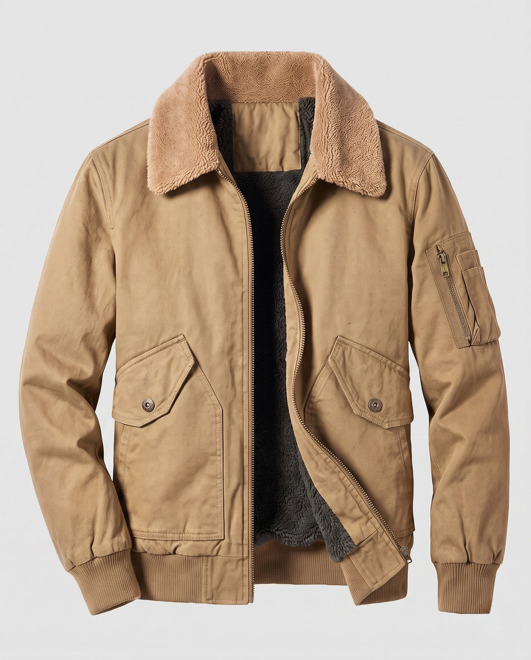 Herr robust canvas bomberjacka med värming Sherpa foder och fold krage