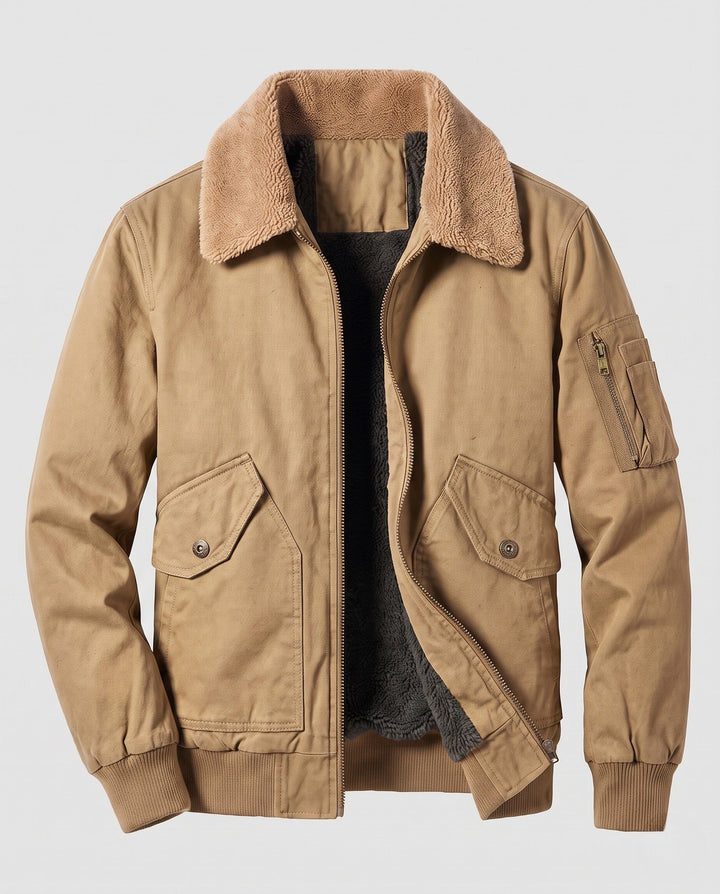 Herr robust canvas bomberjacka med värming Sherpa foder och fold krage