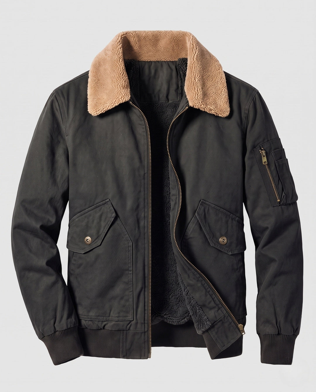Herr robust canvas bomberjacka med värming Sherpa foder och fold krage