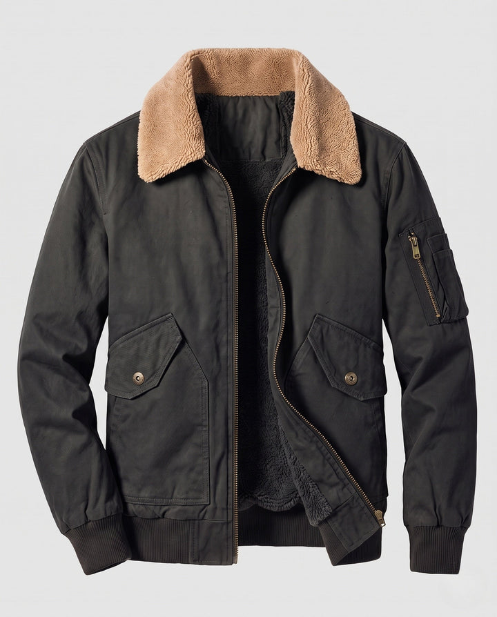 Herr robust canvas bomberjacka med värming Sherpa foder och fold krage