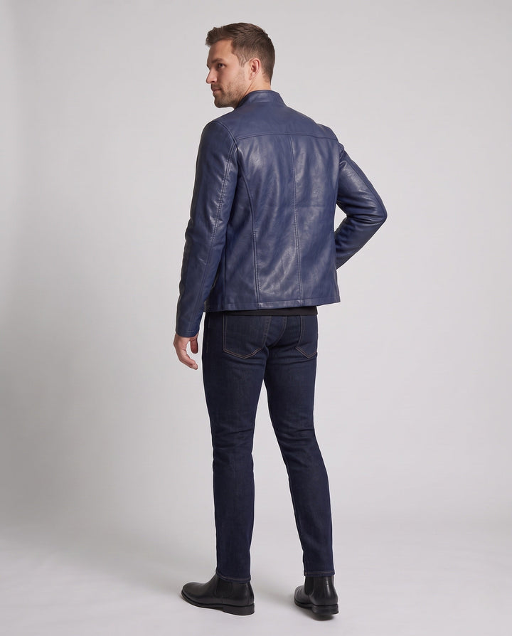 Herr slim artificial läder blouson jacka med ståkrage och thermally lined inside