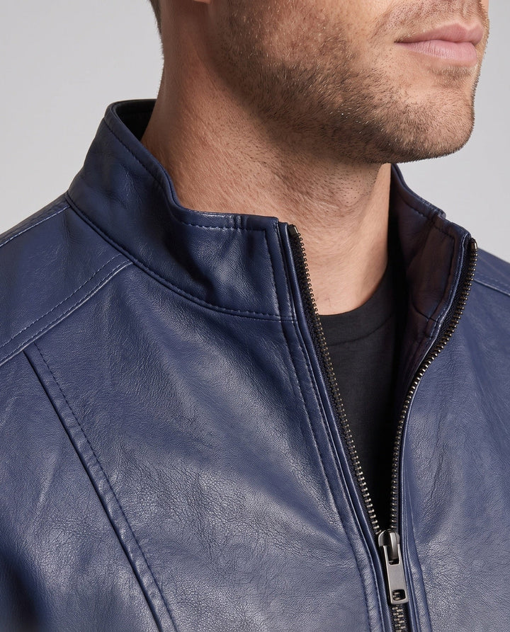 Herr slim artificial läder blouson jacka med ståkrage och thermally lined inside