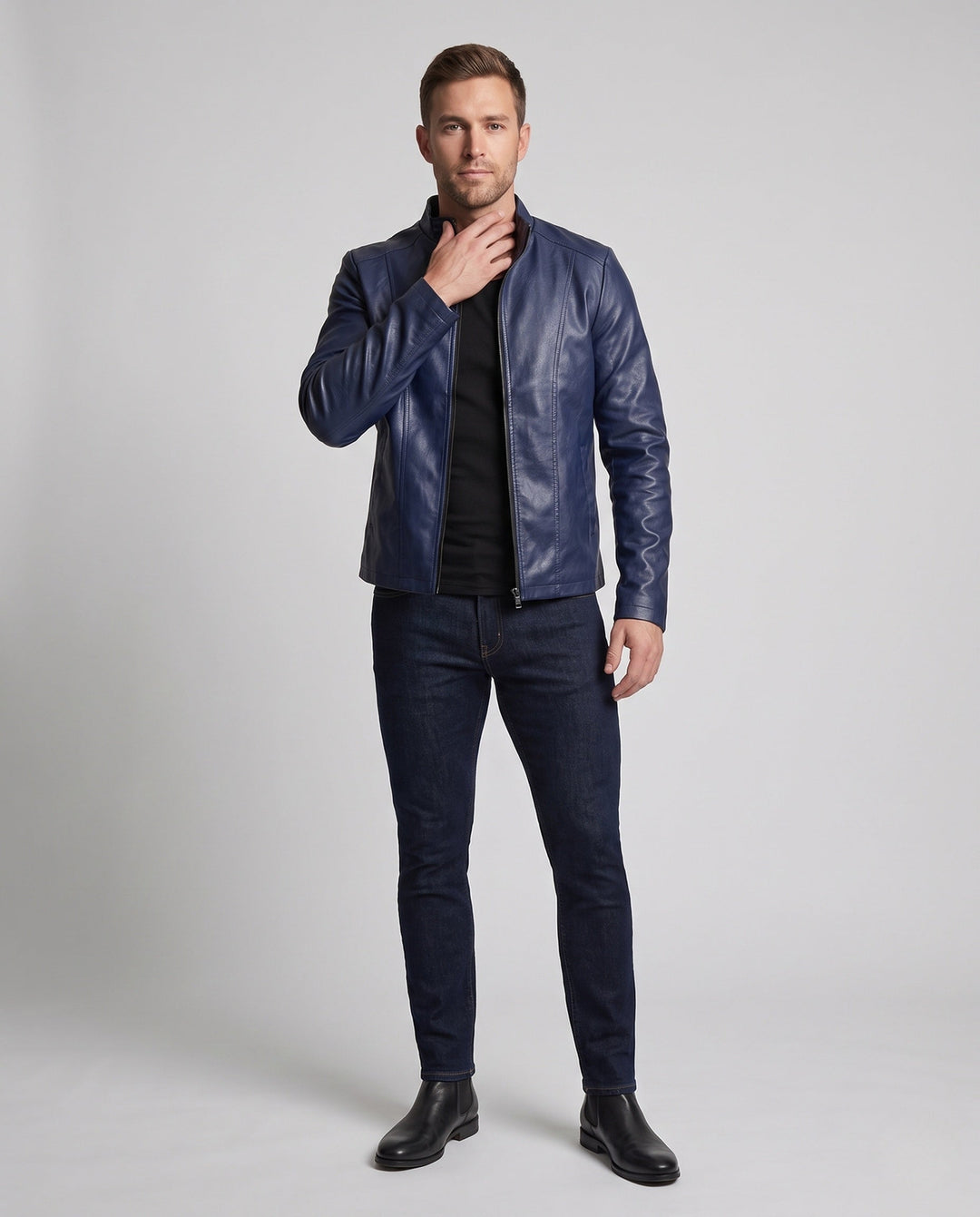 Herr slim artificial läder blouson jacka med ståkrage och thermally lined inside