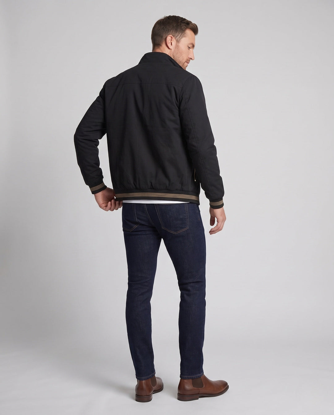 Herr teddy-lined canvas bomber med ståkrage, ribbade muddar, och sherpa foder