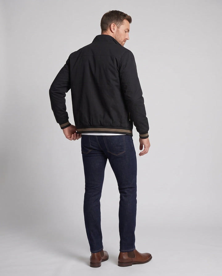 Herr teddy-lined canvas bomber med ståkrage, ribbade muddar, och sherpa foder