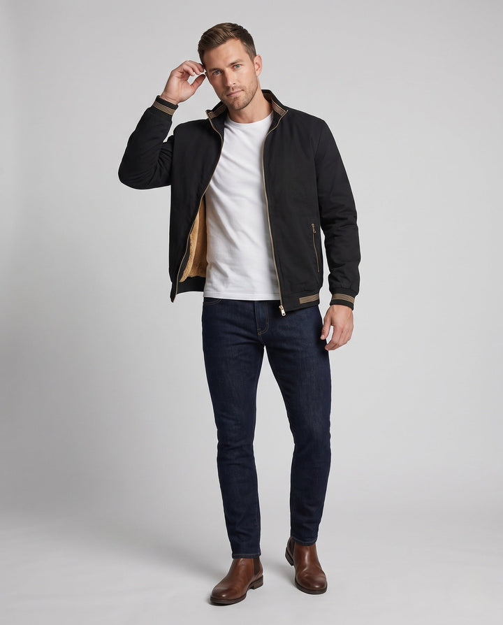 Herr teddy-lined canvas bomber med ståkrage, ribbade muddar, och sherpa foder