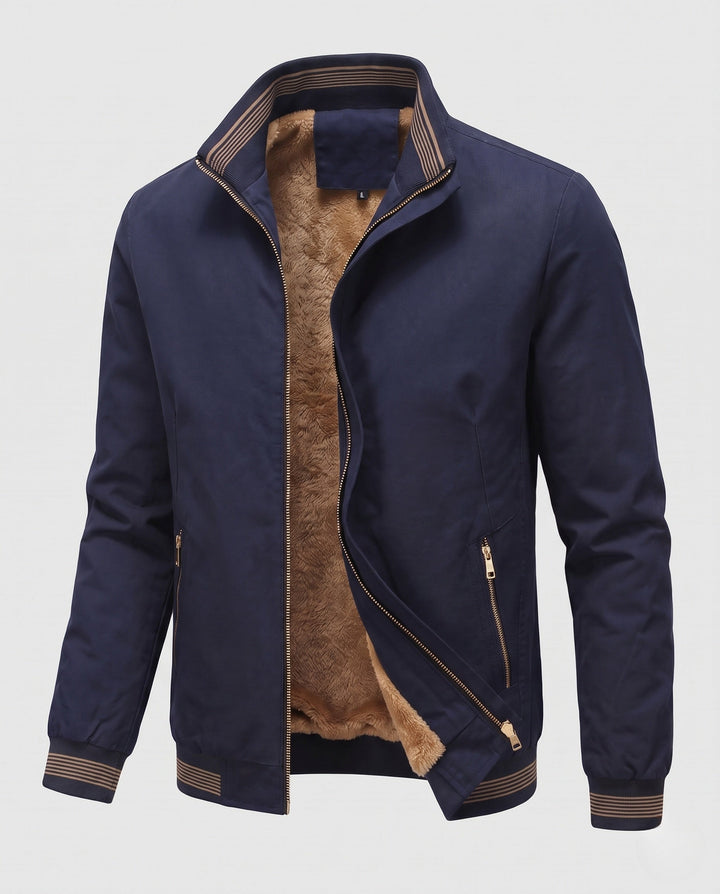 Herr teddy-lined canvas bomber med ståkrage, ribbade muddar, och sherpa foder