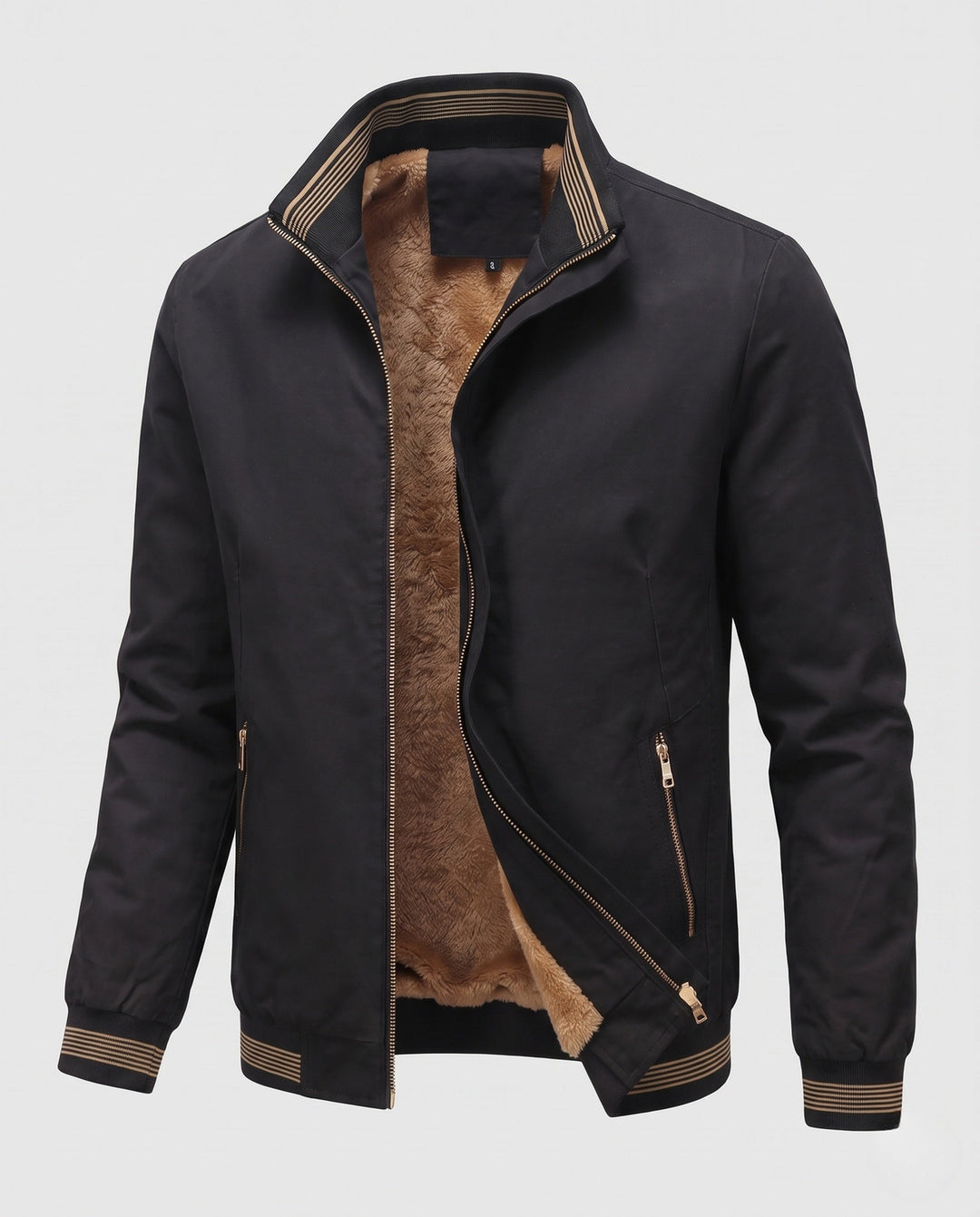 Herr teddy-lined canvas bomber med ståkrage, ribbade muddar, och sherpa foder
