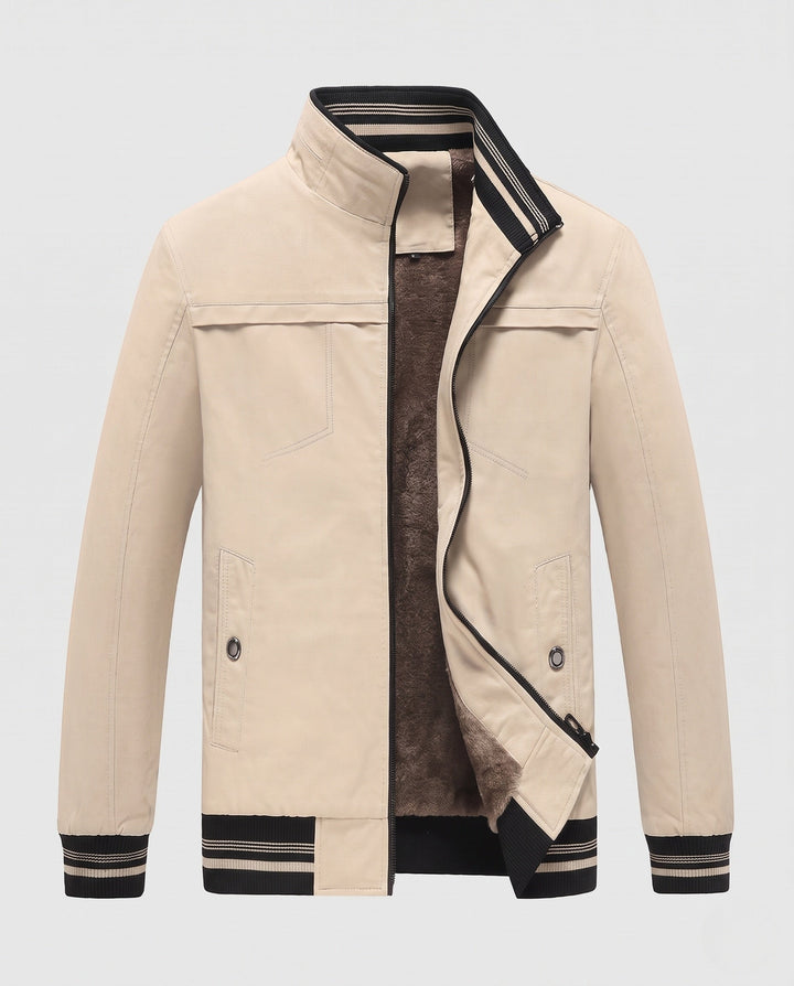 Herr Värmande Canvas Bomber med värming teddy fleecefoder, ståkrage och contrasting ribbad fålls
