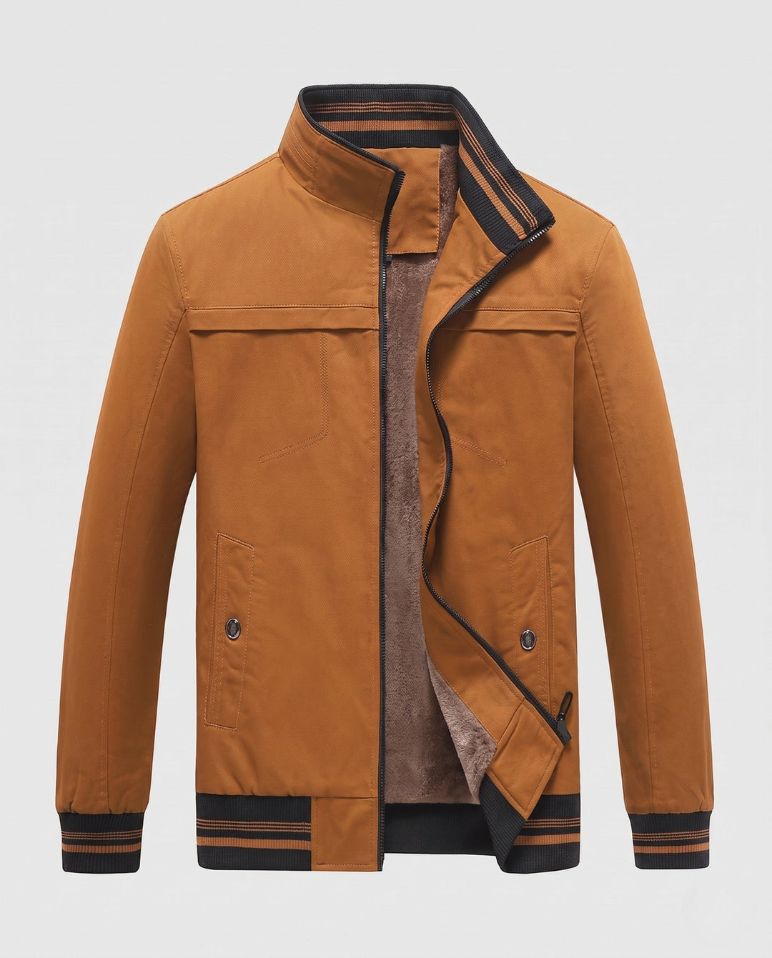 Herr Värmande Canvas Bomber med värming teddy fleecefoder, ståkrage och contrasting ribbad fålls