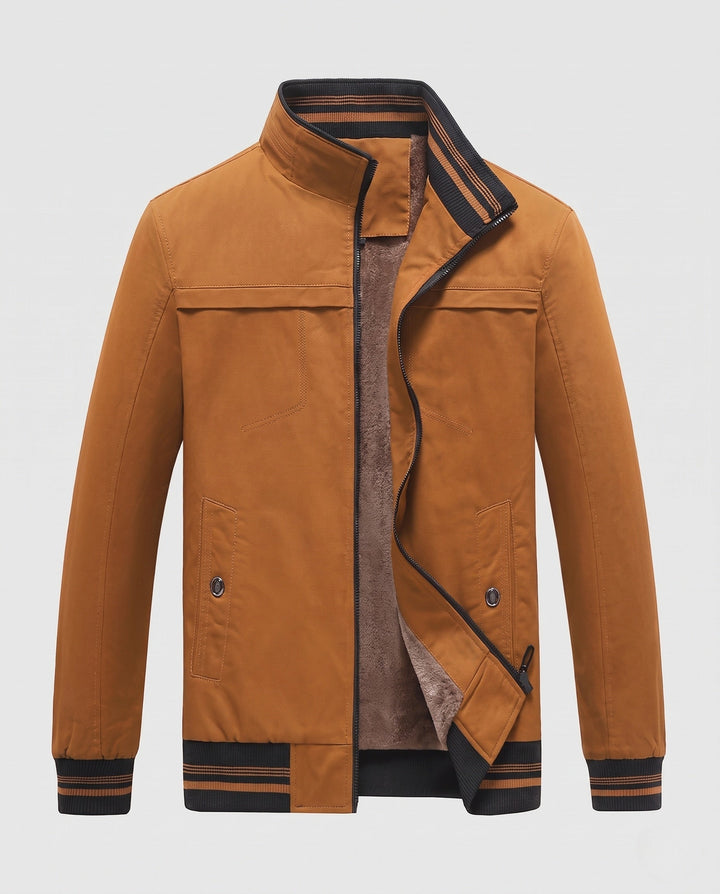 Herr Värmande Canvas Bomber med värming teddy fleecefoder, ståkrage och contrasting ribbad fålls